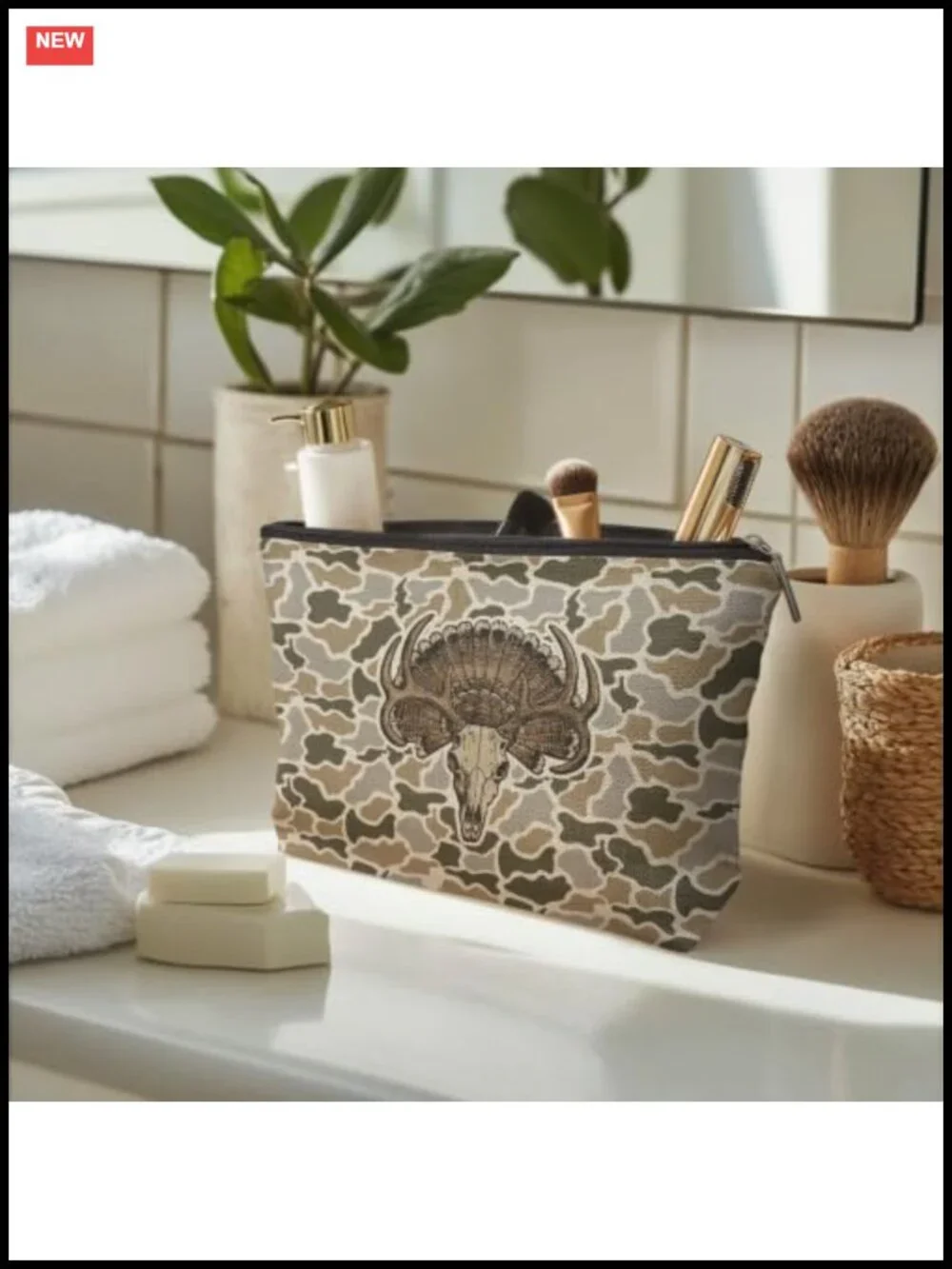 Vintage Deer Skull Camo Makeup Bag Waterproof Linen Toiletry Pouch Travel Case